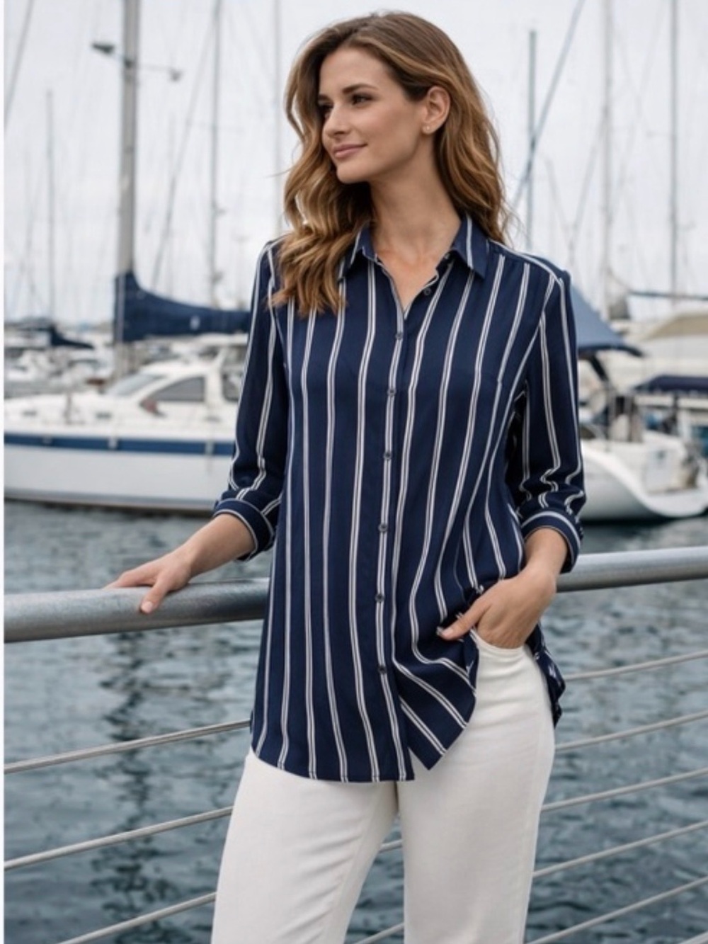 H&M‎ Divided Striped Blouse Women 4 Navy Blue Polyester Elastane Tunic Shirt